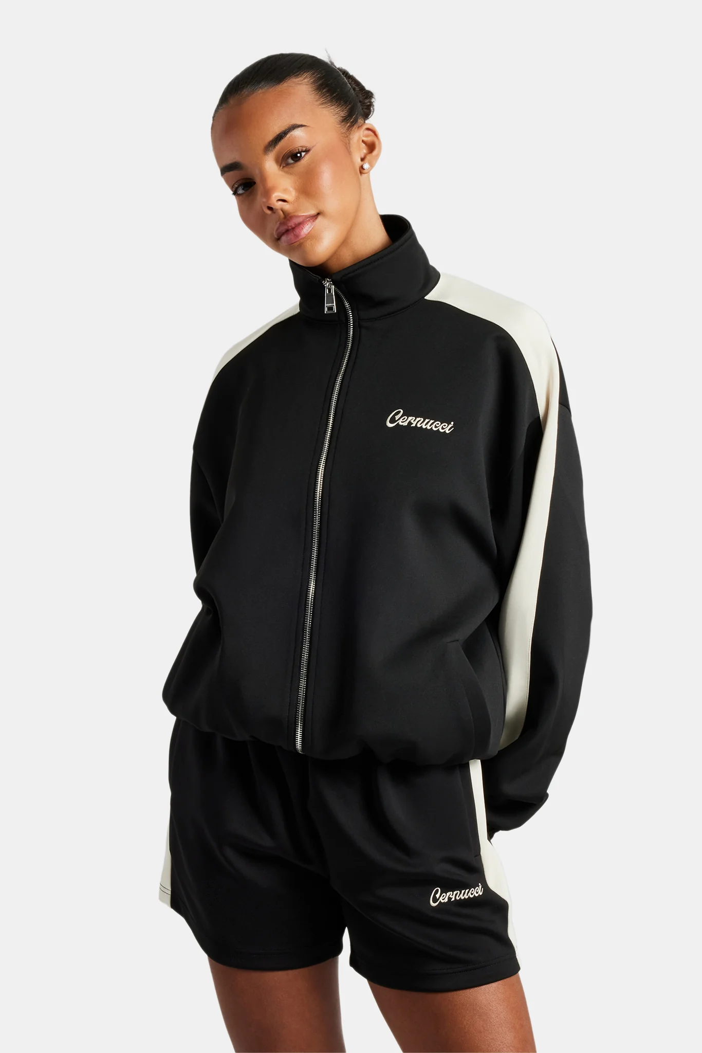 Womens Contrast Panel Track Jacket & Short Set - Black - Image 2