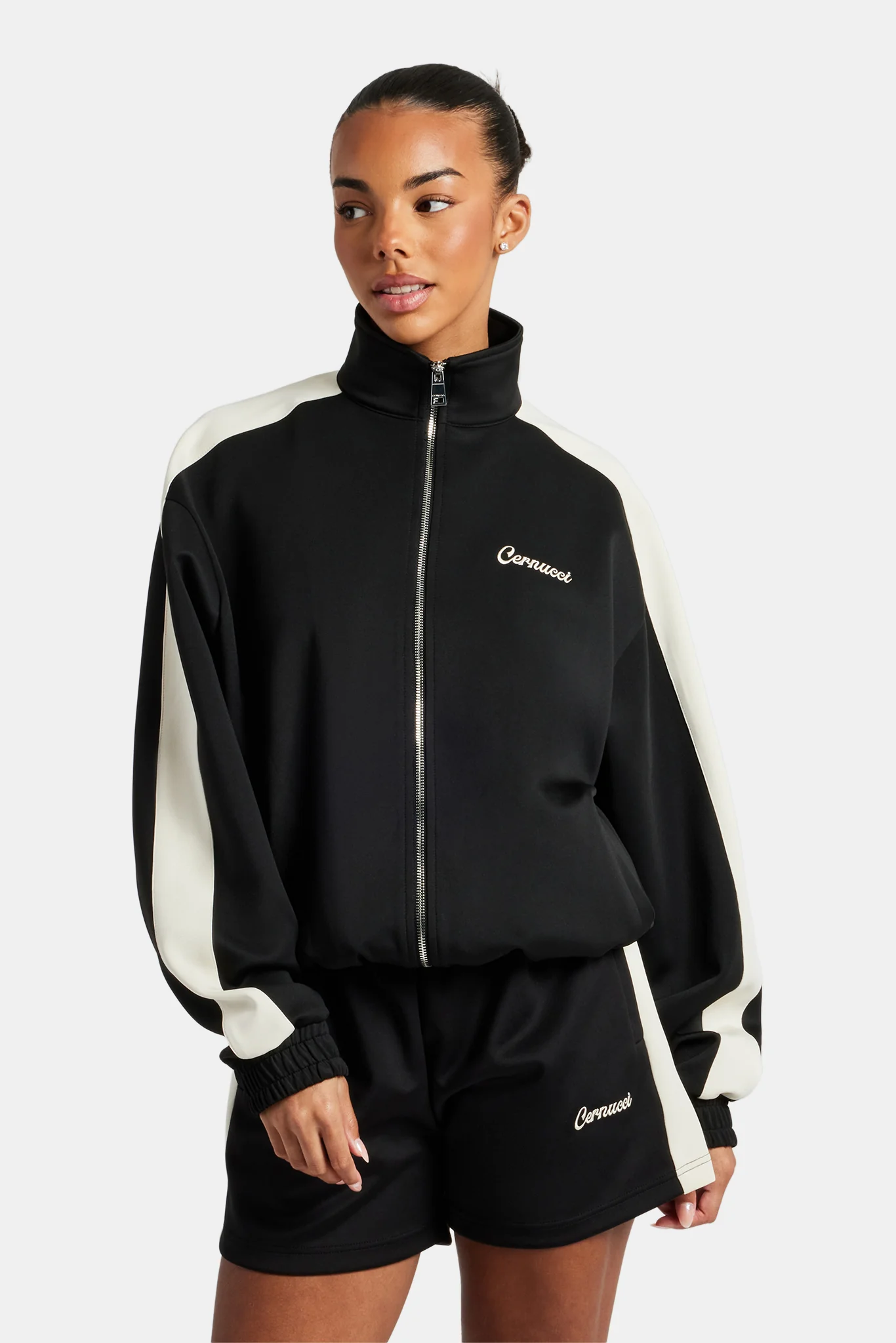 Womens Contrast Panel Track Jacket & Short Set - Black - Image 3
