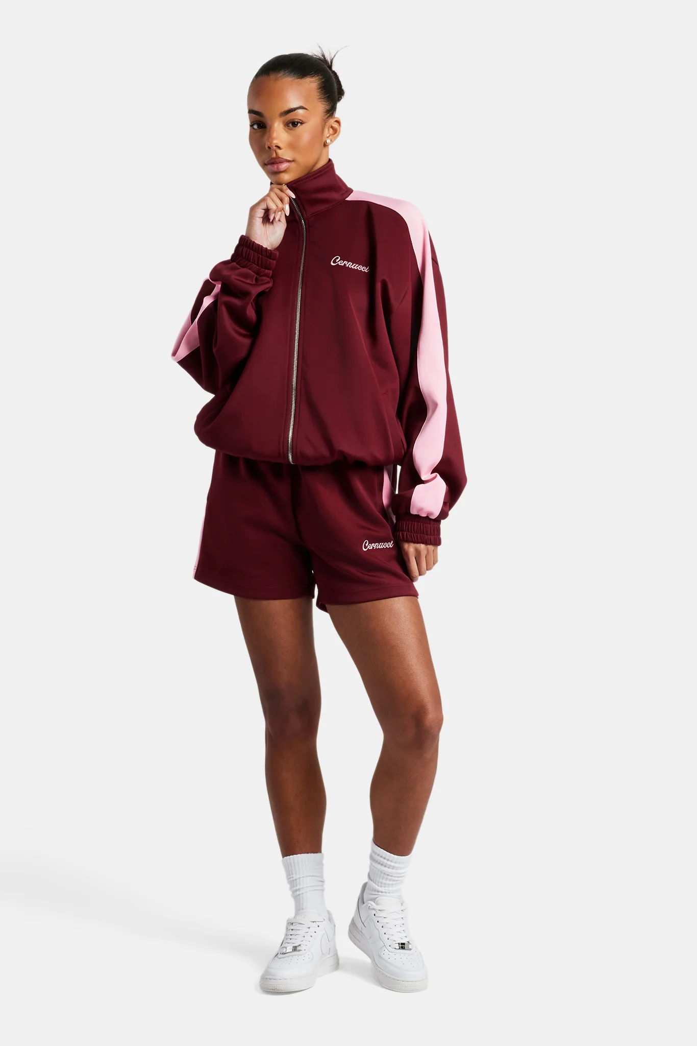 Womens Contrast Panel Track Jacket & Short Set - Burgundy - Image 4