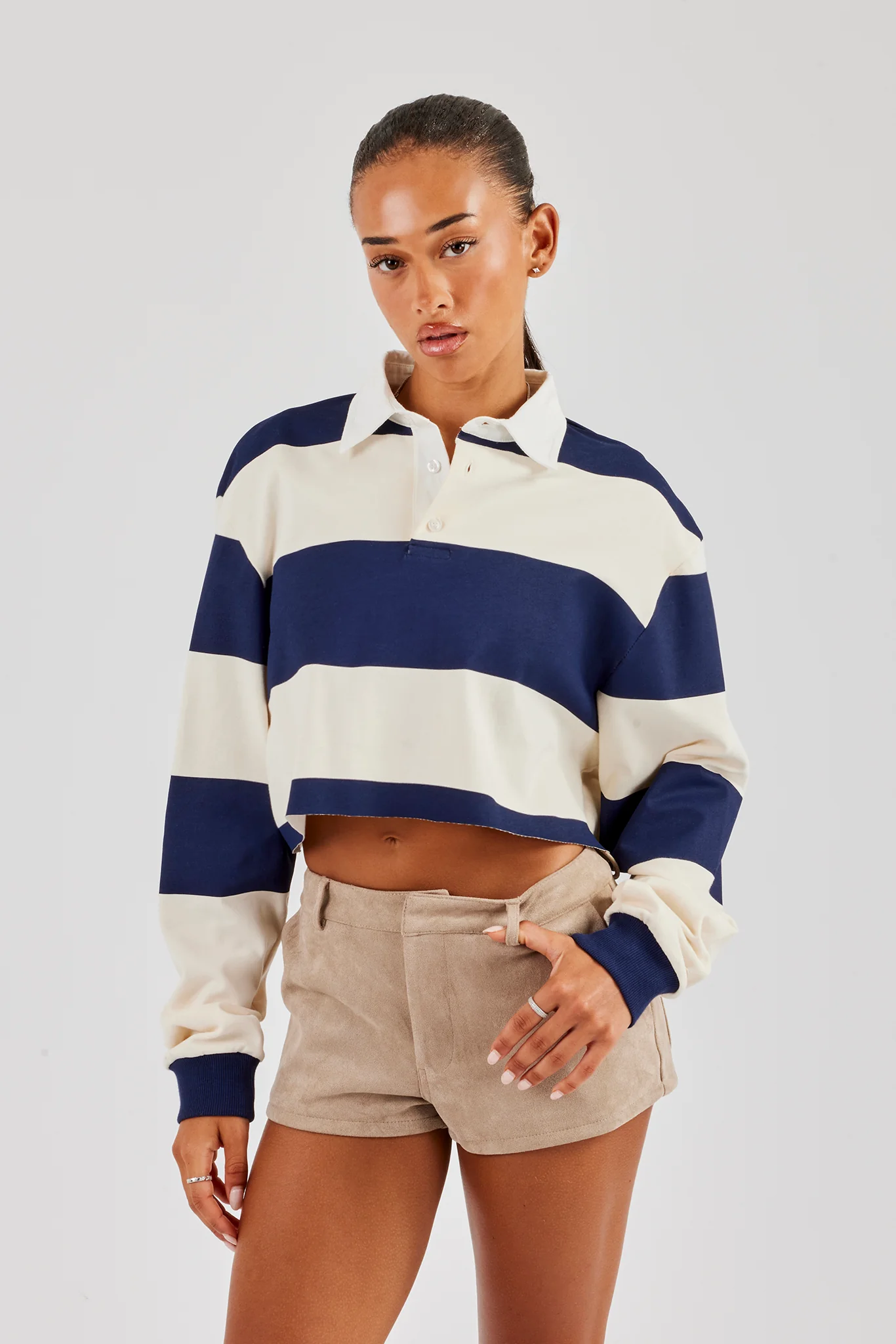 Women's Cropped Striped Rugby Polo Top - Navy