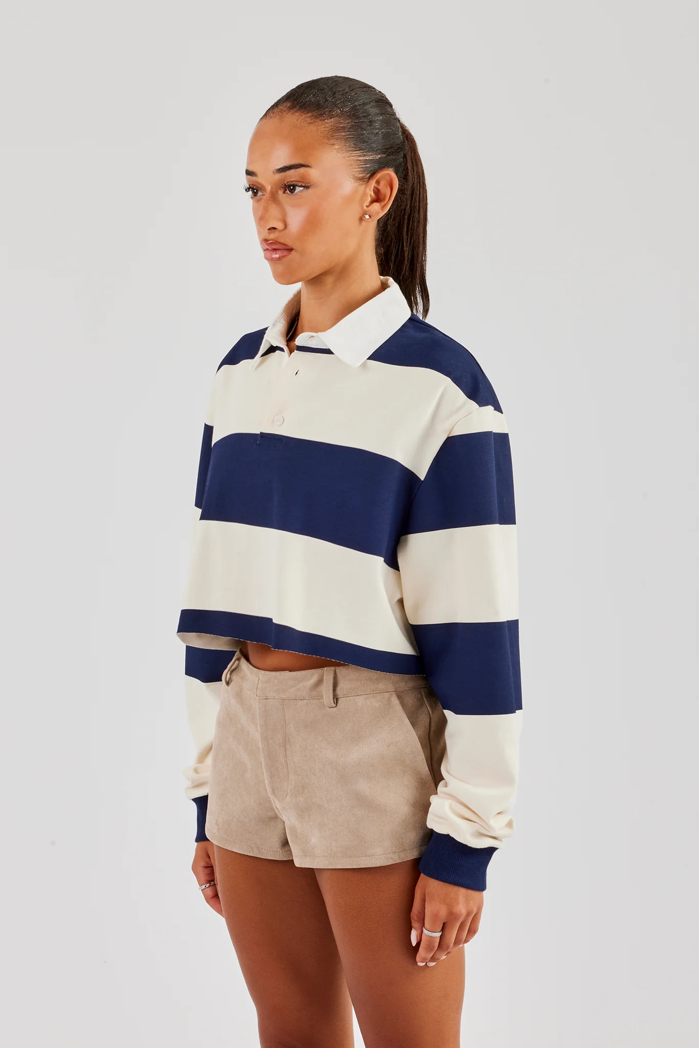 Women's Cropped Striped Rugby Polo Top - Navy - Image 2