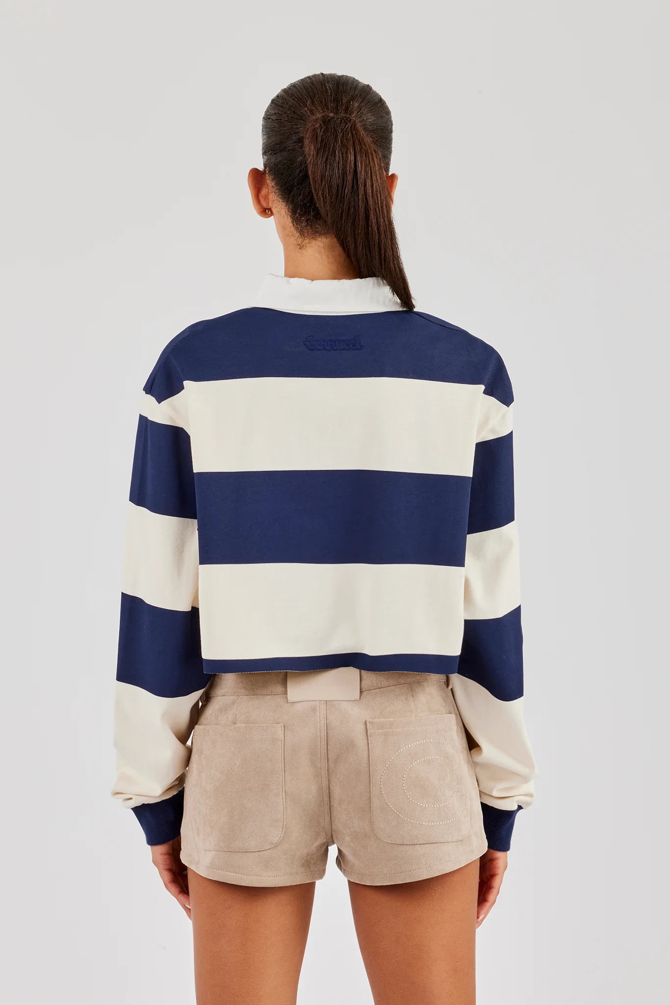 Women's Cropped Striped Rugby Polo Top - Navy - Image 3
