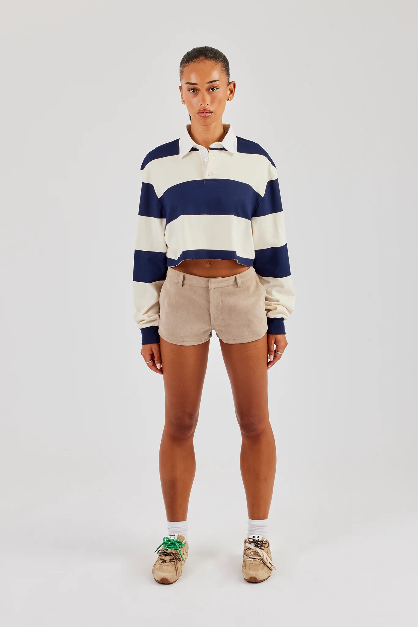 Women's Cropped Striped Rugby Polo Top - Navy - Image 4
