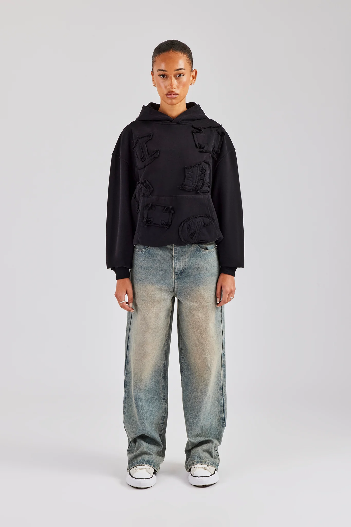Womens Distressed Applique Hoodie  - Black - Image 2