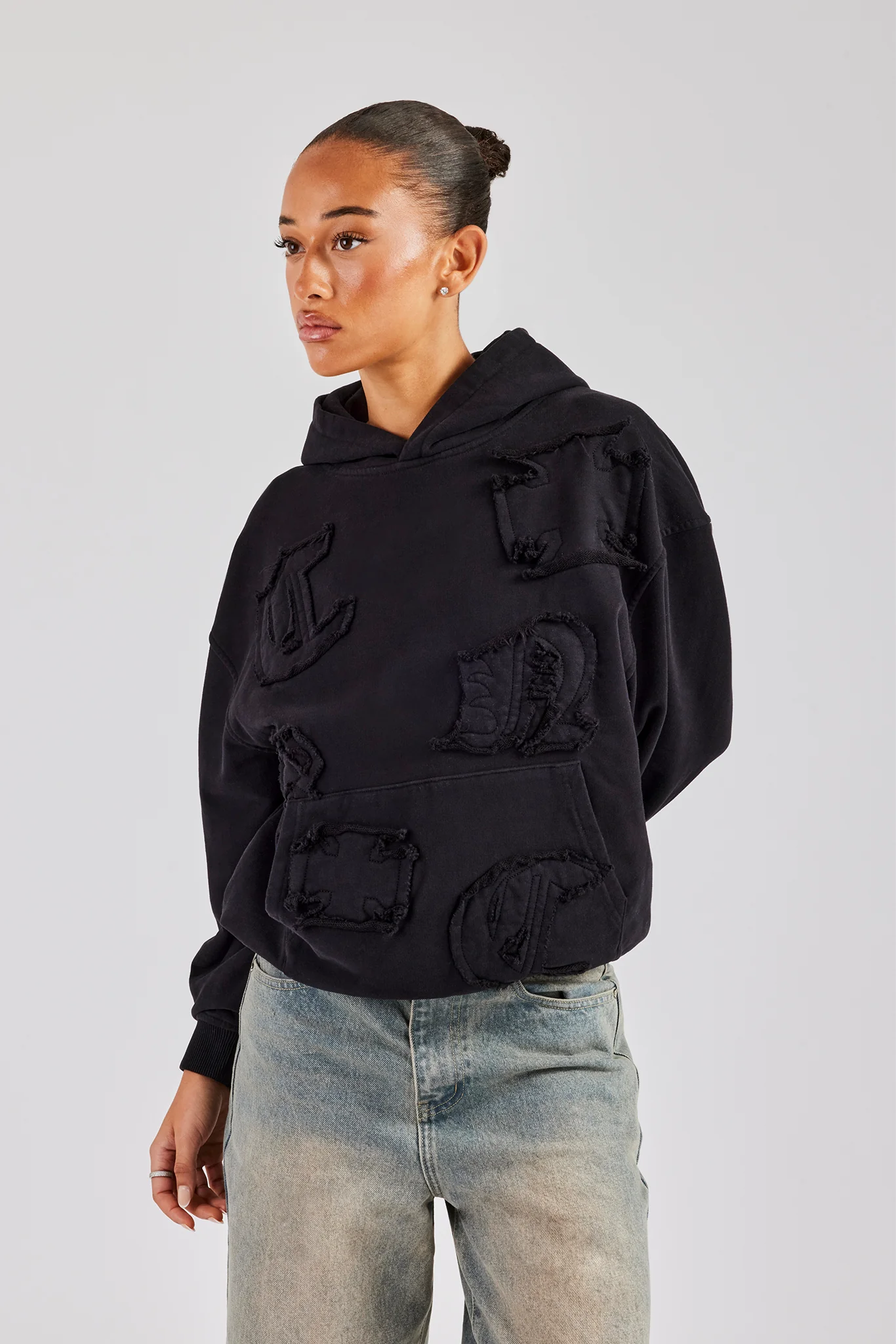 Womens Distressed Applique Hoodie  - Black - Image 4