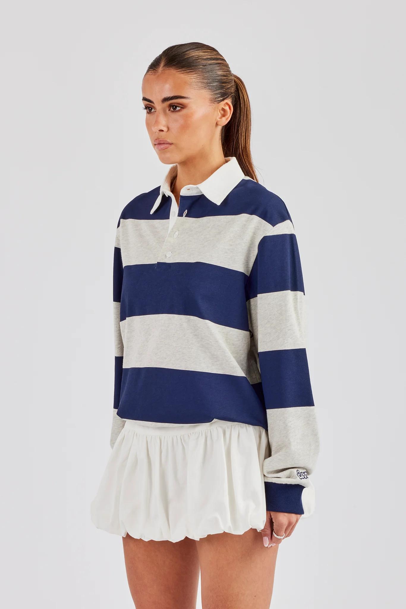 Womens Striped Rugby Polo Top - Navy Blue - Image 3