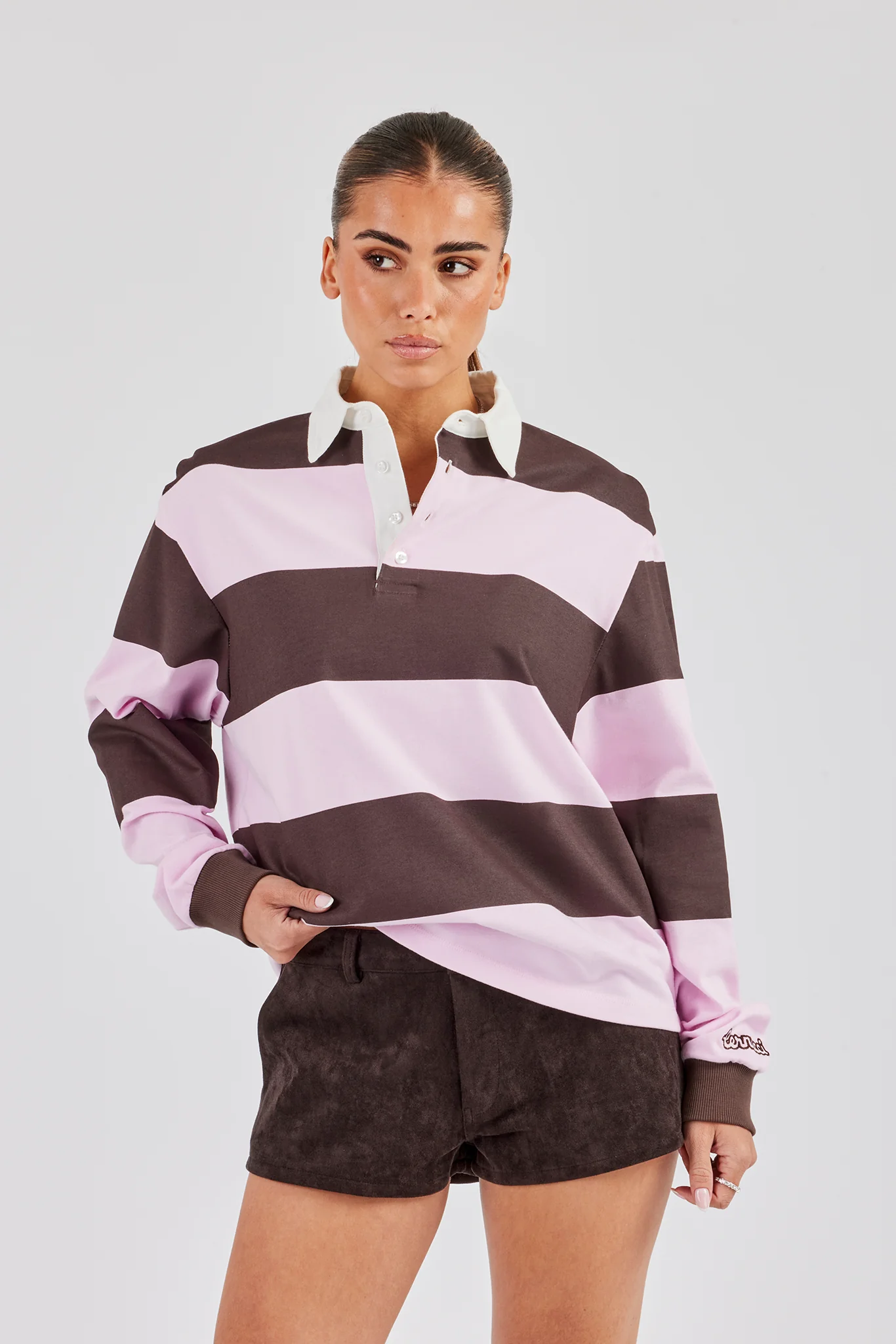 Womens Striped Rugby Polo Top - Pink - Image 4