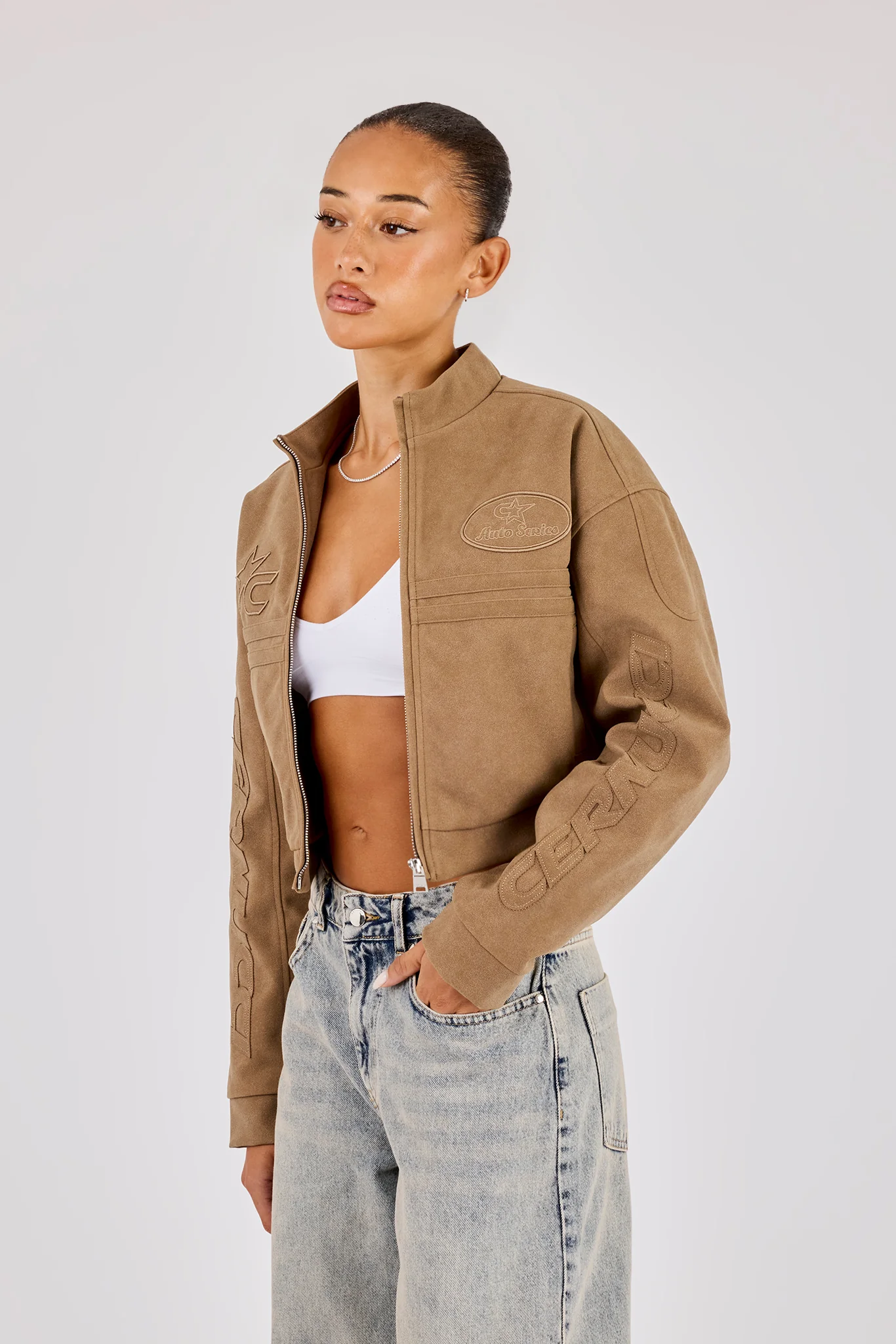 Women's Suede Applique Moto Jacket - Taupe