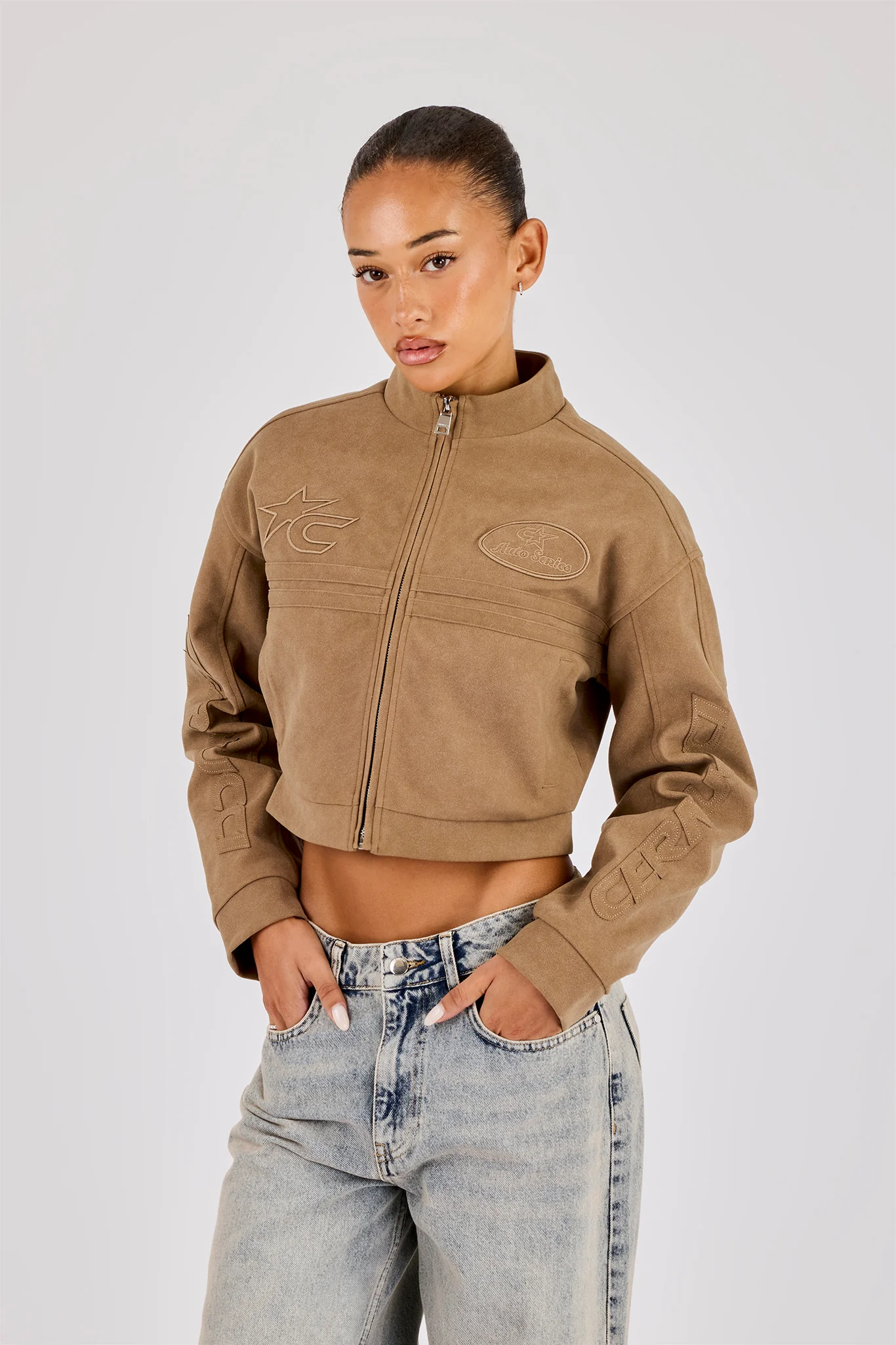 Women's Suede Applique Moto Jacket - Taupe - Image 2