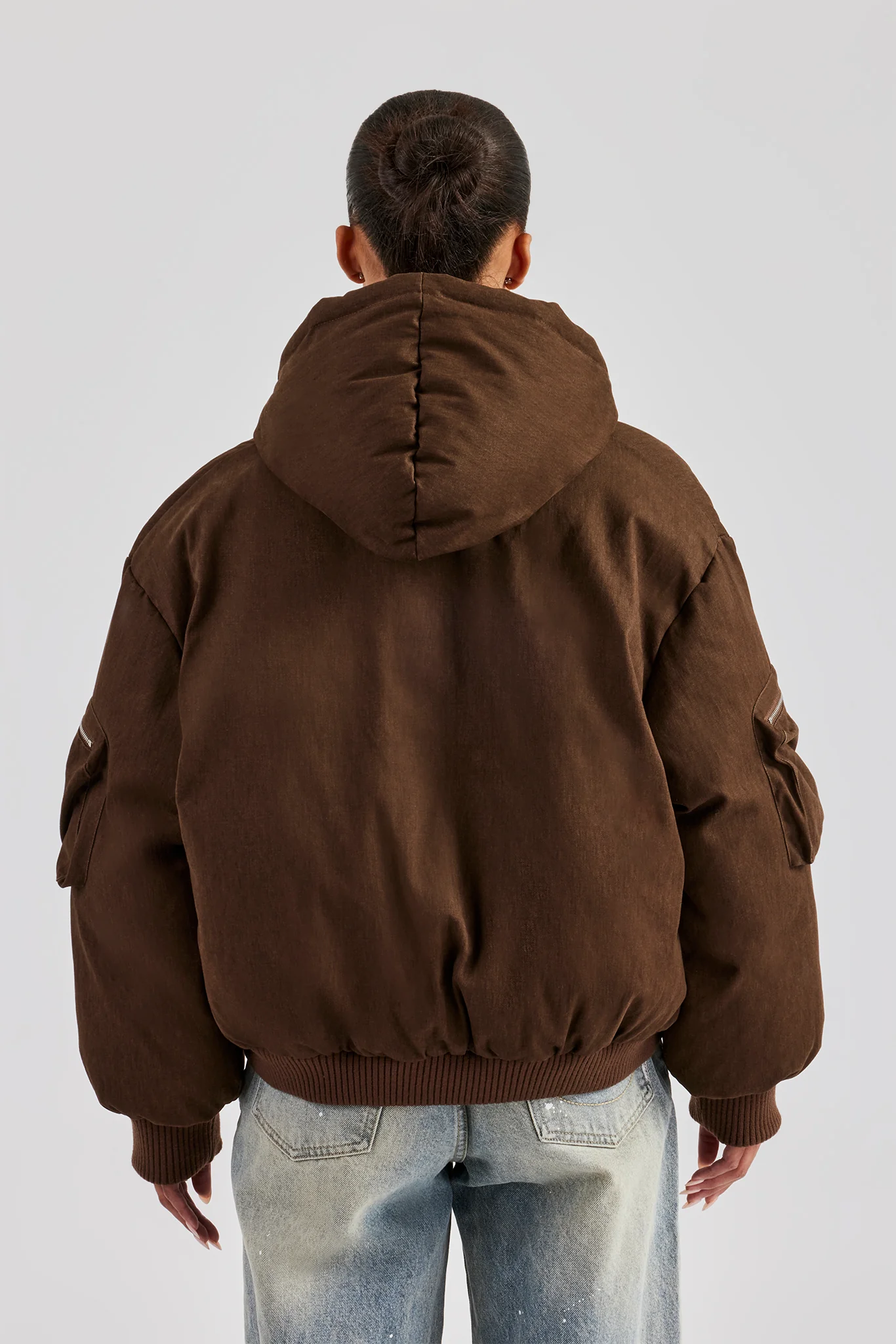 Womens Twill Utility Cargo Bomber Jacket - Chocolate - Image 3