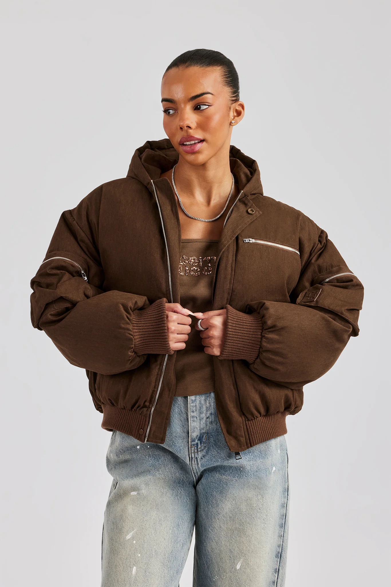 Womens Twill Utility Cargo Bomber Jacket - Chocolate - Image 4