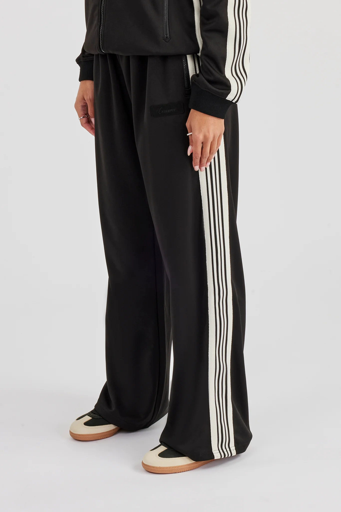 Womens Wide Leg Poly Smooth Taping Track Pant - Black