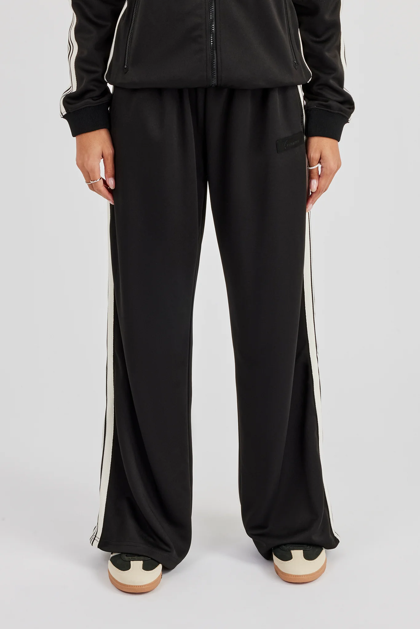 Womens Wide Leg Poly Smooth Taping Track Pant - Black - Image 2