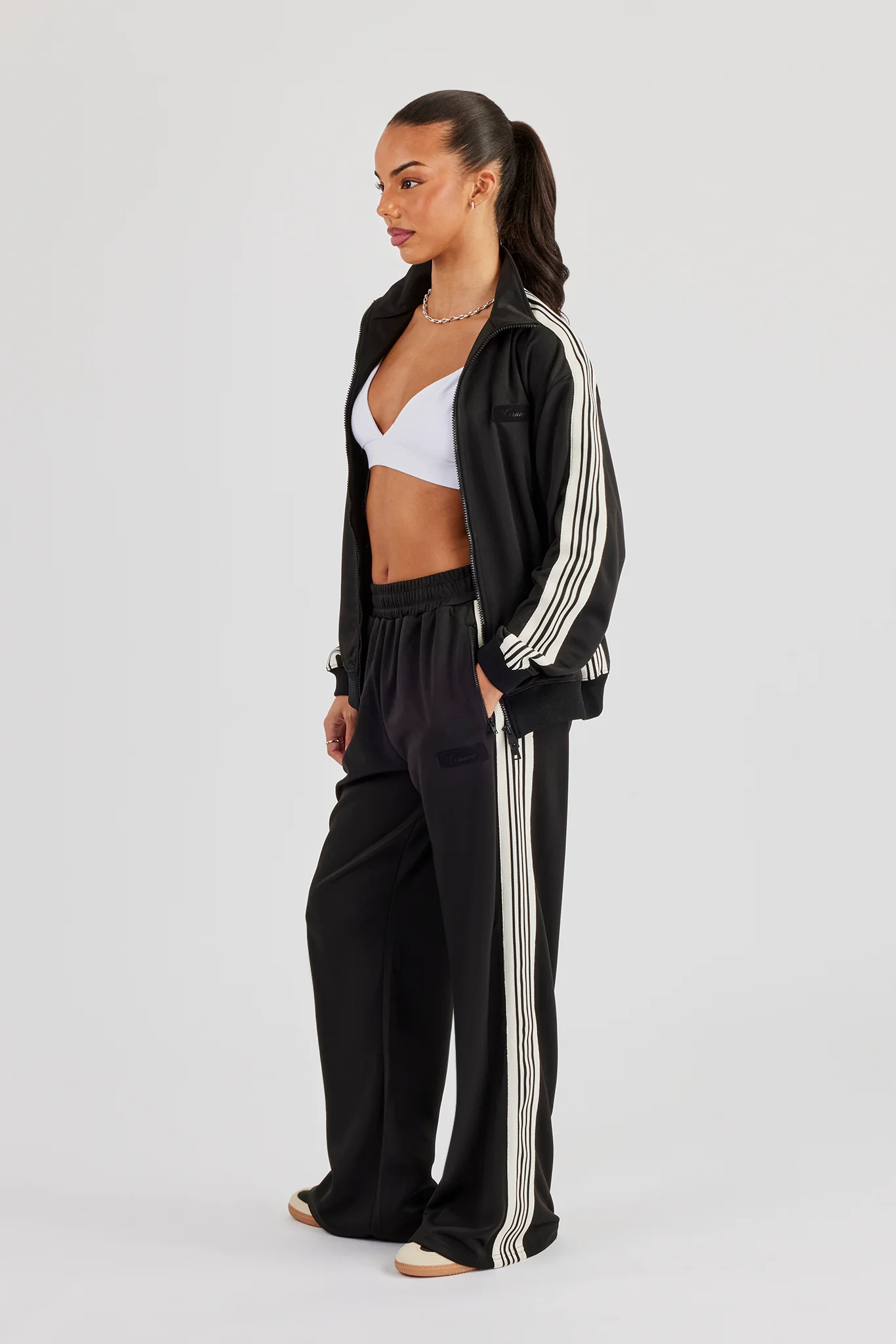Womens Wide Leg Poly Smooth Taping Track Pant - Black - Image 4