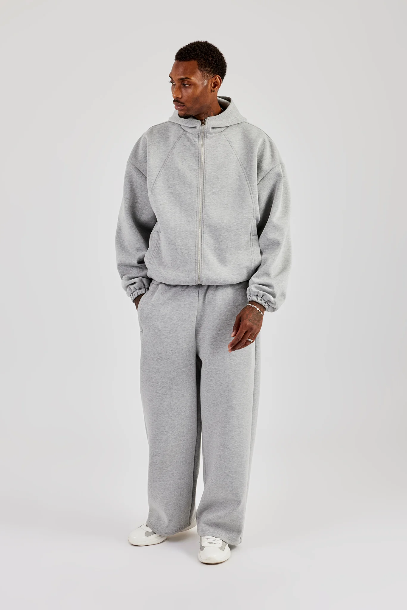 Zip Hooded Panelled Scuba Jacket & Baggy Fit Trouser - Grey - Image 4