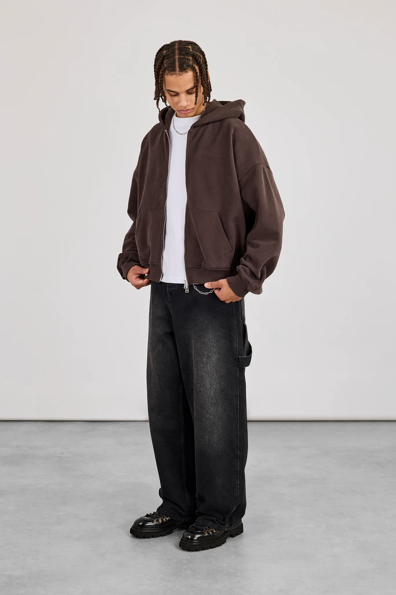 Zip Through Boxy Hoodie - Coffee - Image 3
