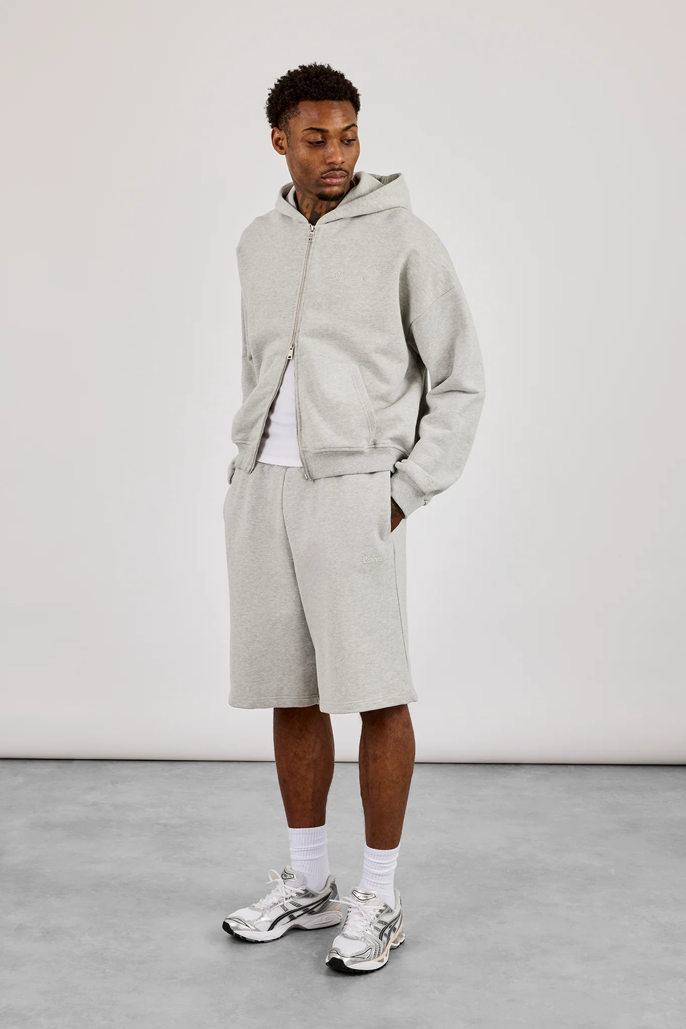 Zip Through Boxy Hoodie & Embroidered Jersey Jort - Grey Marl - Image 2
