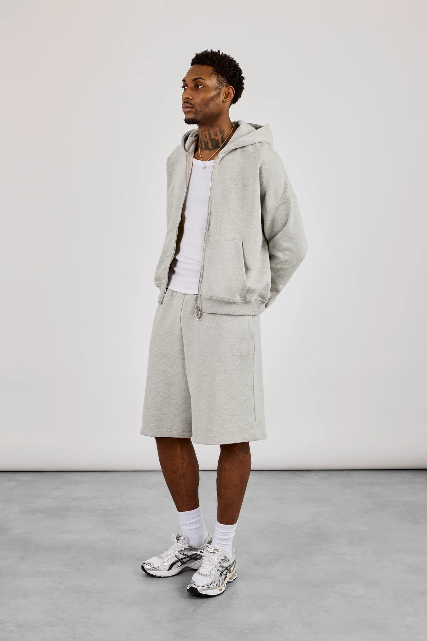 Zip Through Boxy Hoodie & Embroidered Jersey Jort - Grey Marl - Image 3