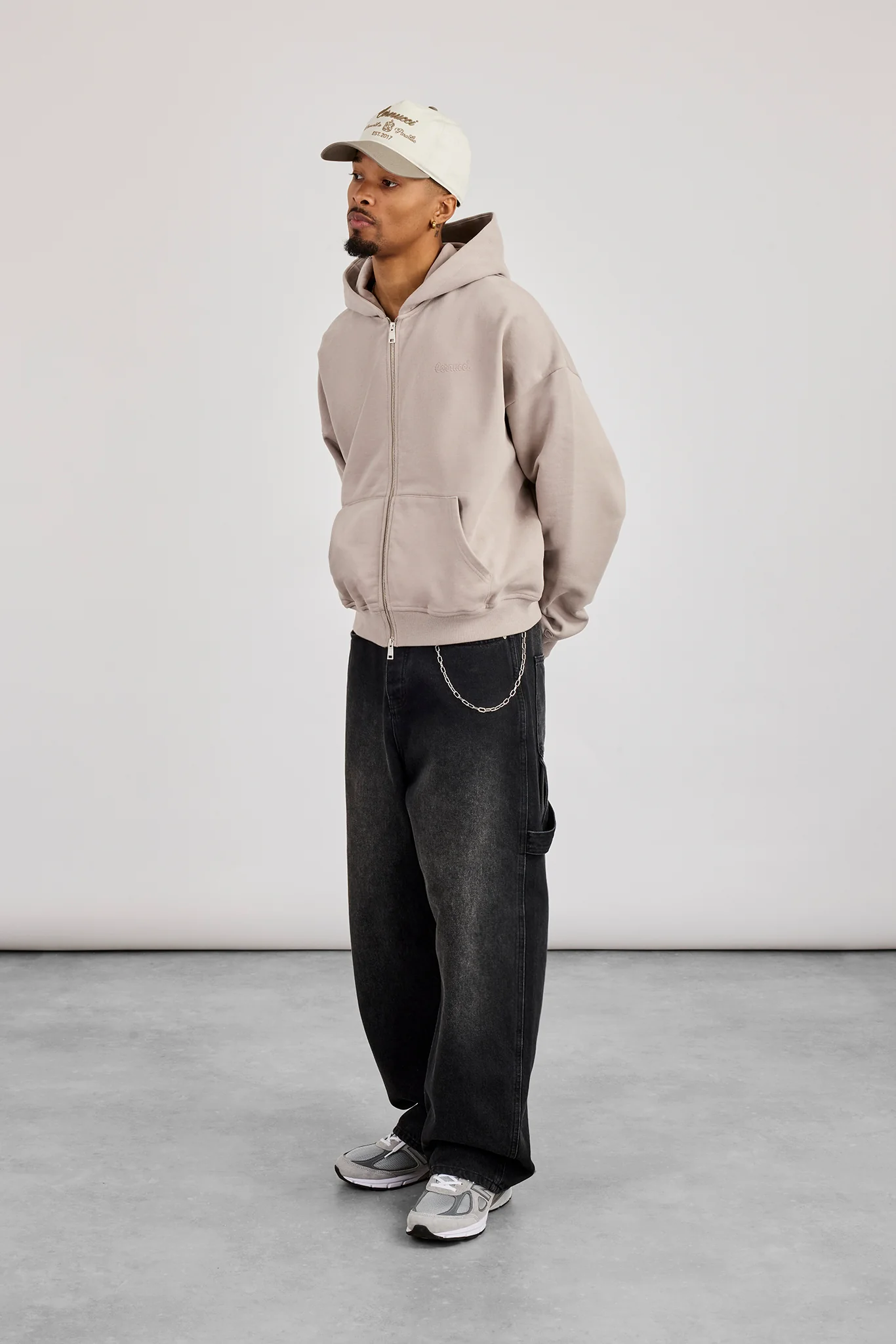Zip Through Boxy Hoodie - Stone - Image 3