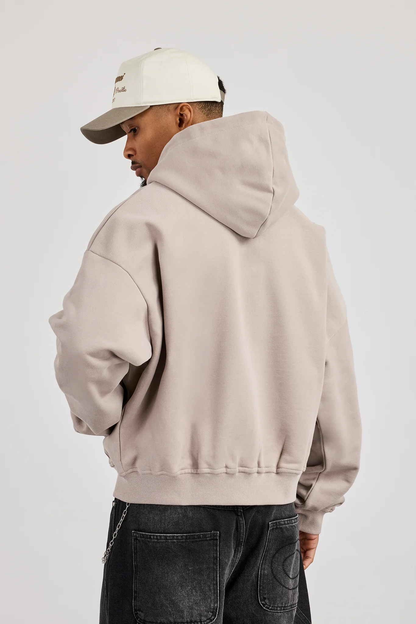 Zip Through Boxy Hoodie - Stone - Image 4
