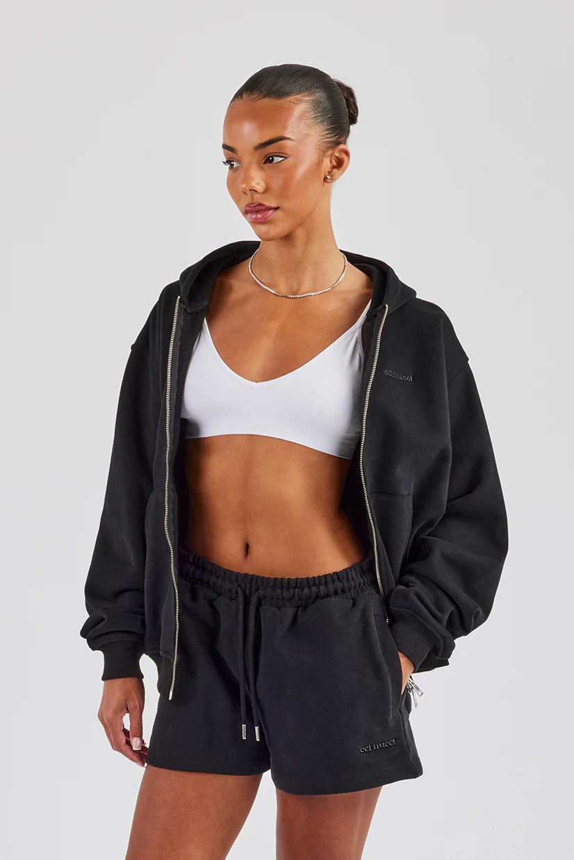 Zip Through Hoodie & Embroidered Short - Black
