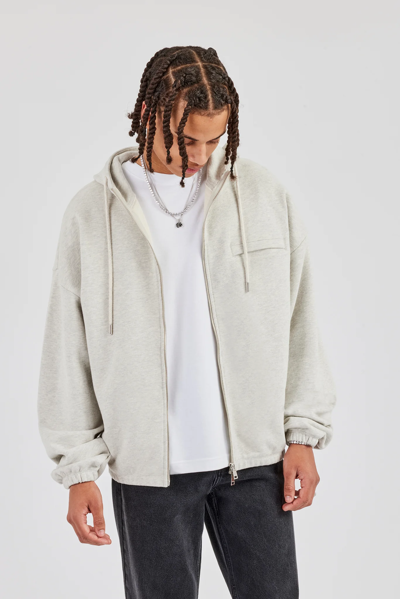 Zip Through Hoodie With Drawcords - Ash Marl - Image 5