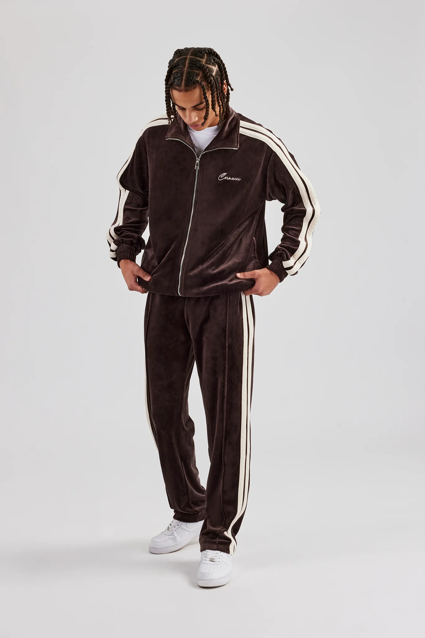 Zip Through Taping Velour Track Jacket - Chocolate - Image 5
