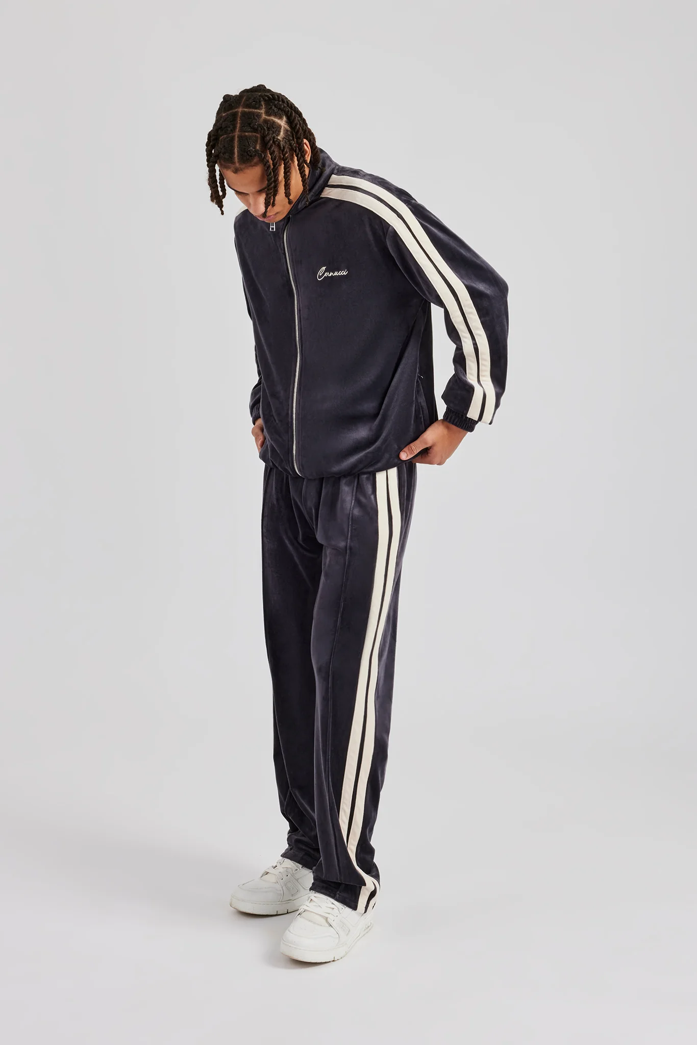 Zip Through Taping Velour Tracksuit - Charcoal - Image 3