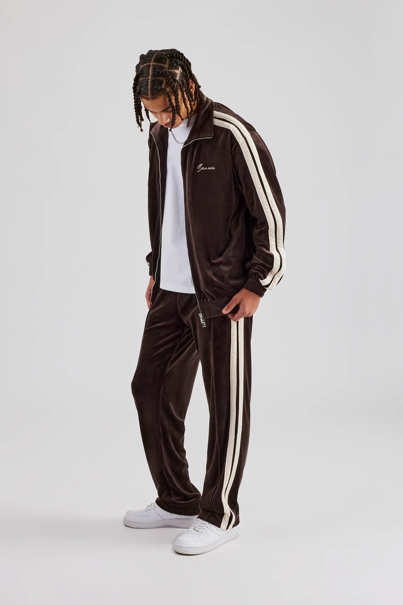 Zip Through Taping Velour Tracksuit - Chocolate - Image 2